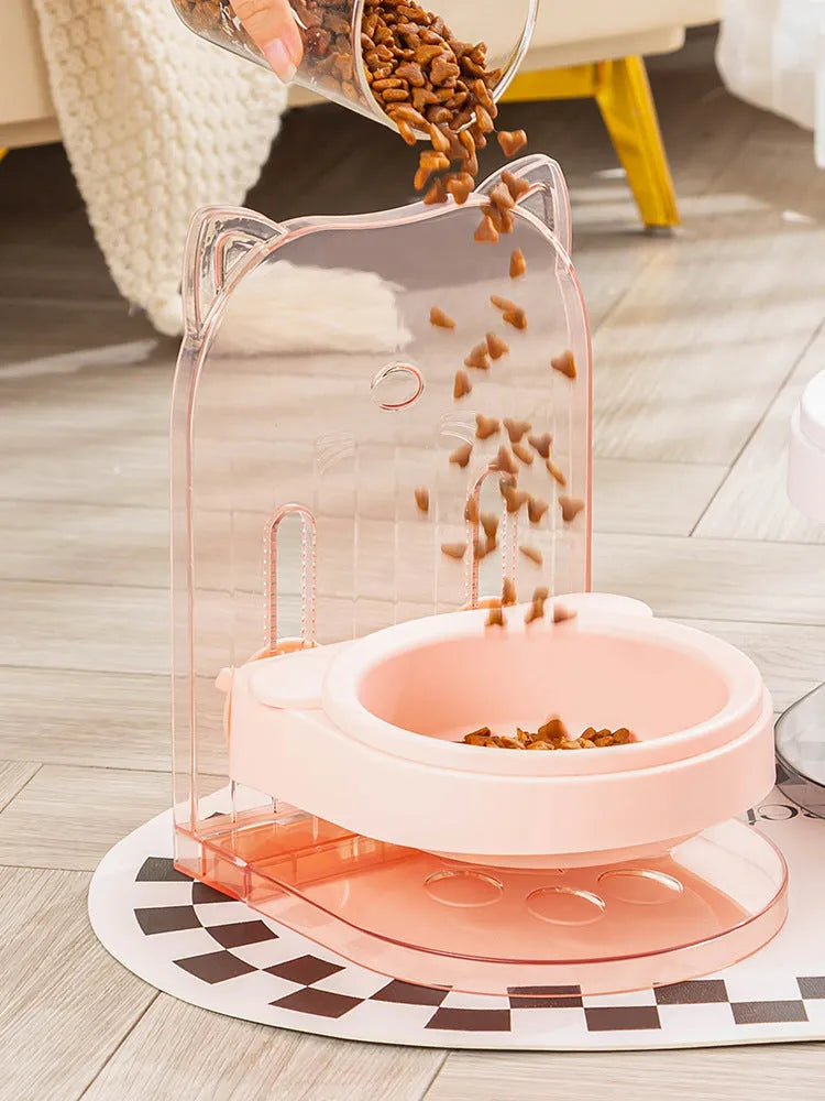 Grey adjustable height cat feeding bowl with anti-spill design and removable hanging cage