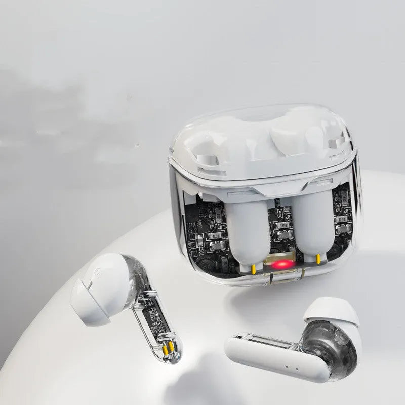 Transparent Bluetooth wireless headset showing internal components