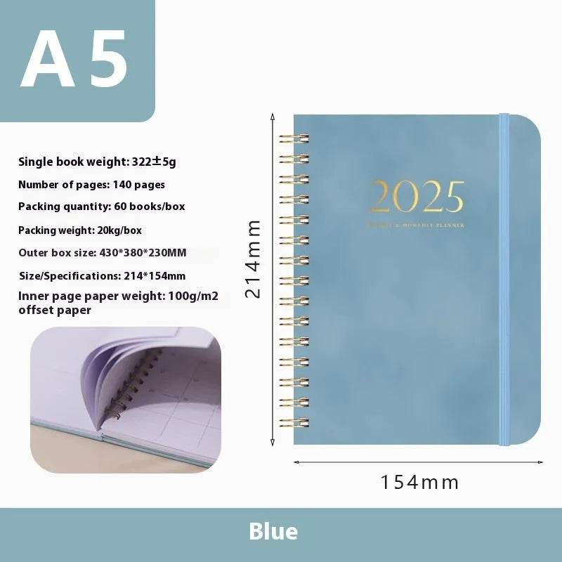 A5 size PU leather notebook with metal coil binding in a choice of colours including black, blue, brown, and pink.