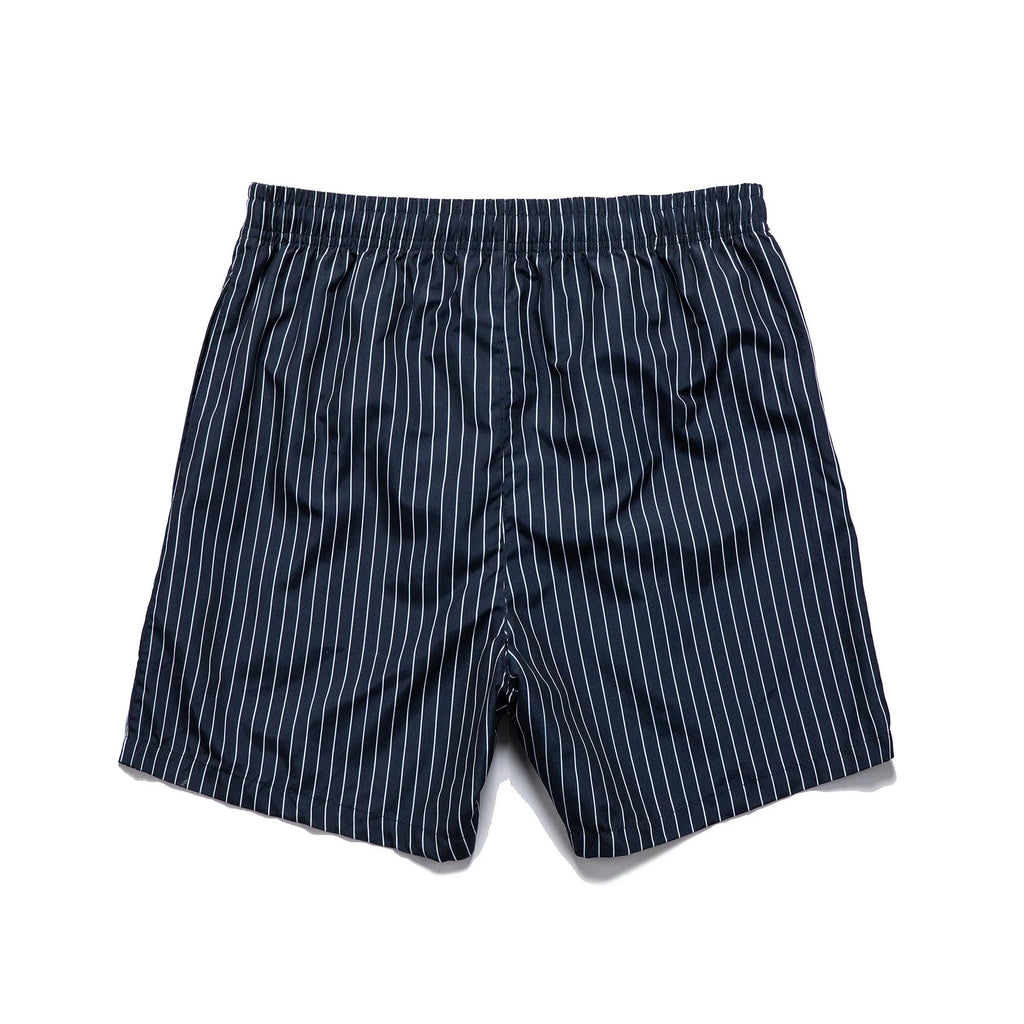 A pair of grey striped casual shorts with a straight leg opening, laid flat.