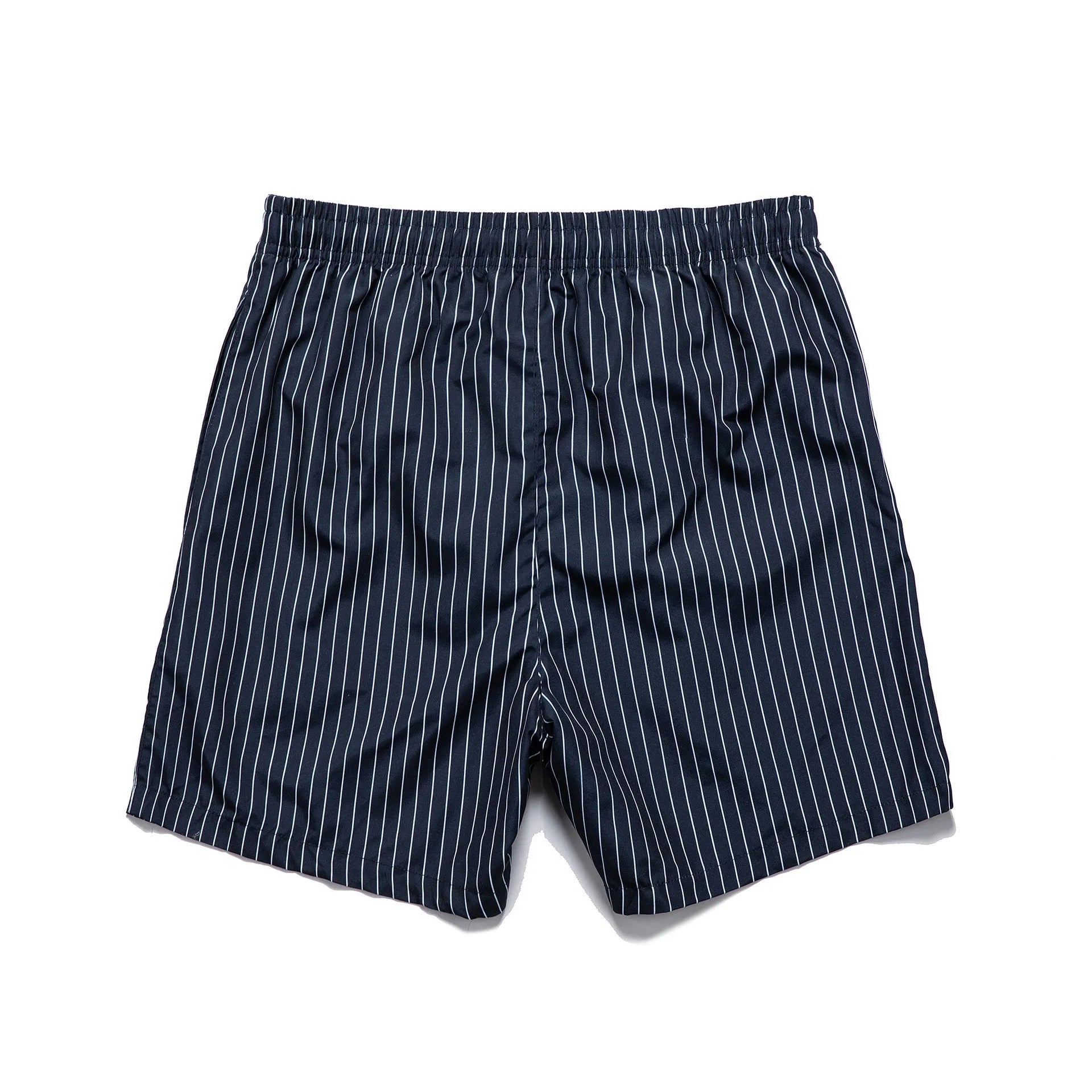 A pair of grey striped casual shorts with a straight leg opening, laid flat.