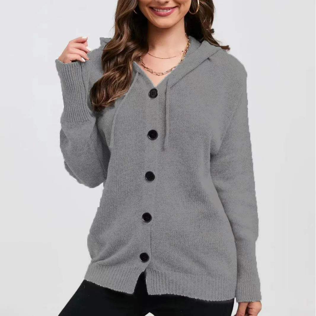 Women's zip-front hooded cardigan sweater in thick cotton fabric, loose fit with long sleeves