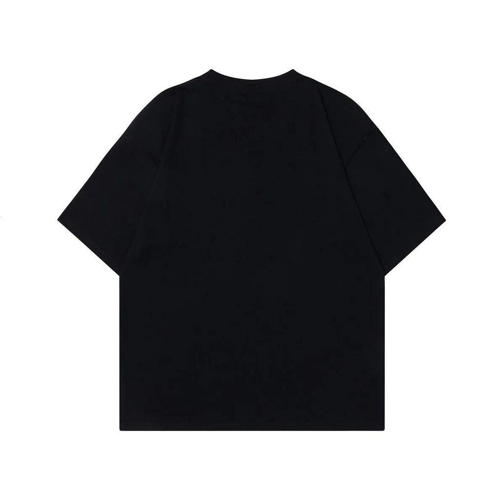 Men's black loose-fit cotton T-shirt featuring a retro character design print on the front.