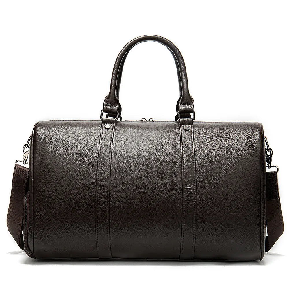 Men's black leather tote bag with single shoulder strap showing 44cm length dimension