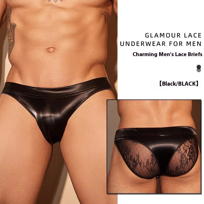 Men's black and white shark skin lace briefs in free size showing small hip fit.