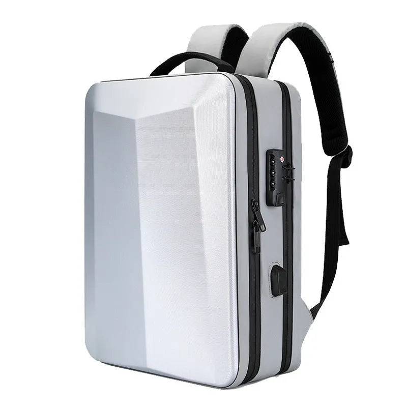 Men's waterproof business backpack with curved shoulder straps in black and silver white colour options