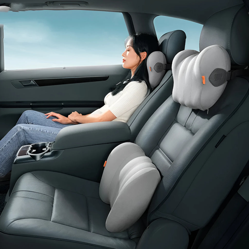 Grey and orange car pillows for head and lumbar support with memory foam filling
