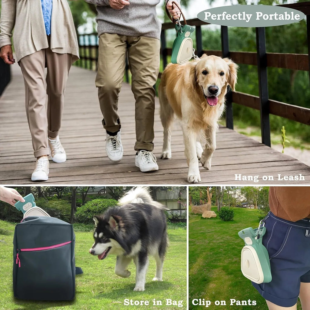 Blue portable dog pooper scooper with clip, unfolded waste container, and integrated bag dispenser.