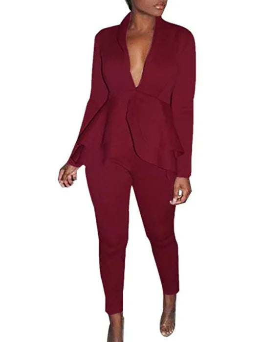 Women's ruffled business uniform set with pencil pants in multiple colour options