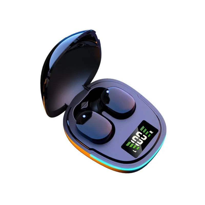 Black true wireless Bluetooth in-ear headphones with charging case and ear caps