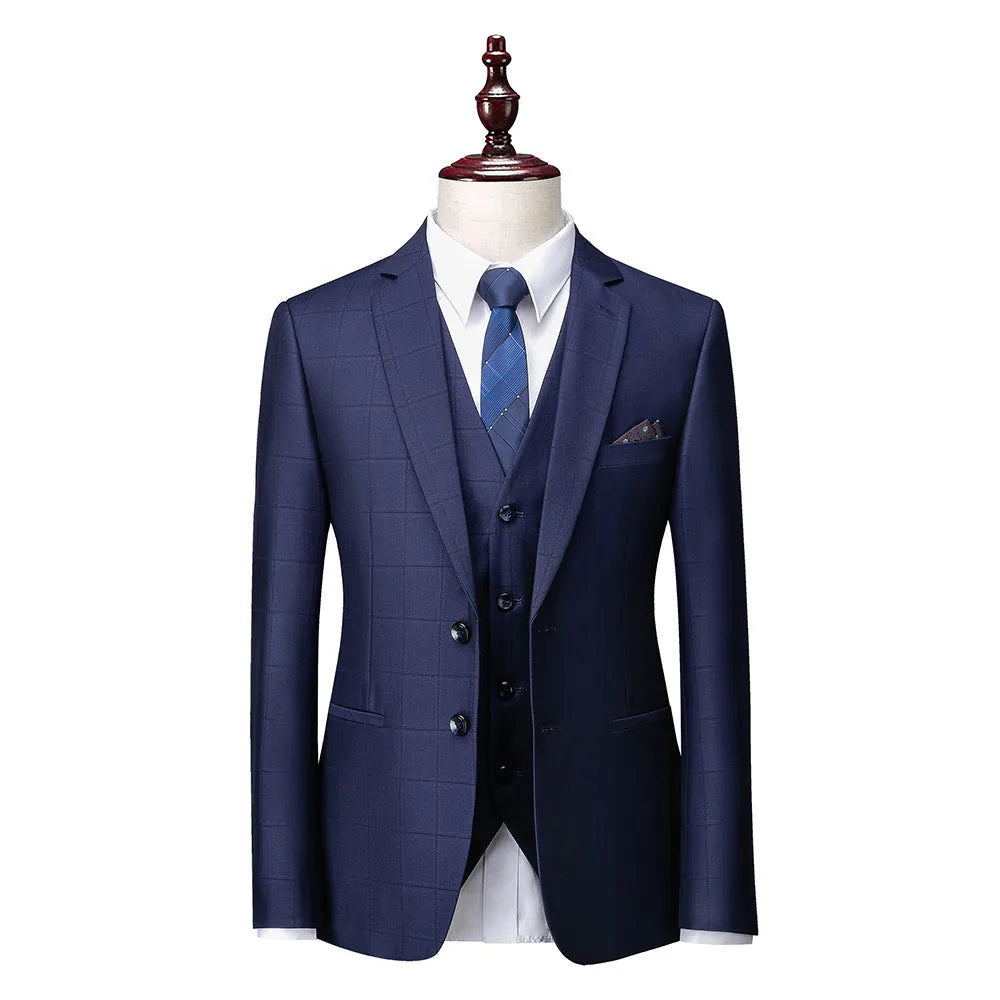 Men's three-piece plaid suit in navy blue or black featuring slim fit jacket vest and trousers for business casual wear