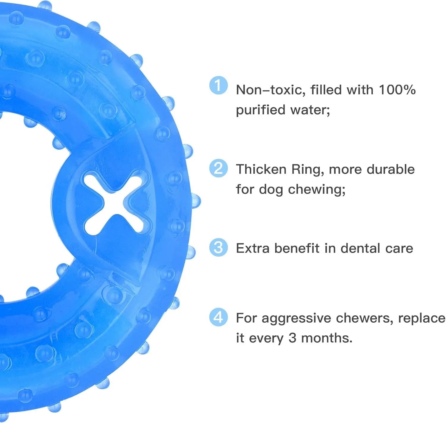 Freezable bone-shaped and circle-shaped dog cooling chew toy filled with purified water.