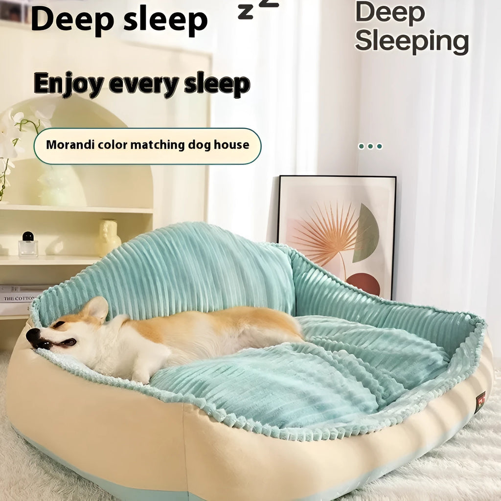 Morandi colour removable cover pet bed for dogs or cats, shown in medium and large sizes.