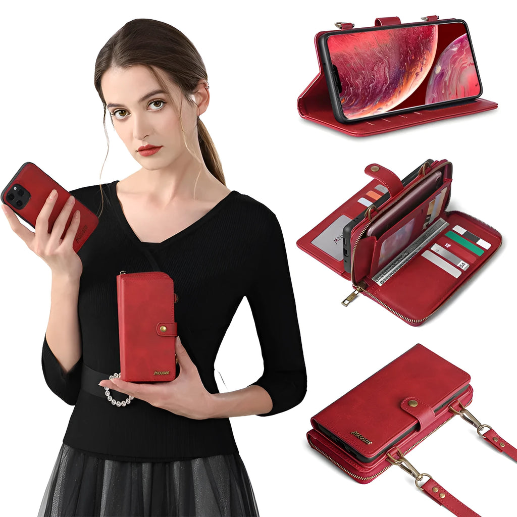 Wallet style phone case with detachable backpack and leather flip cover for Samsung Galaxy and iPhone devices