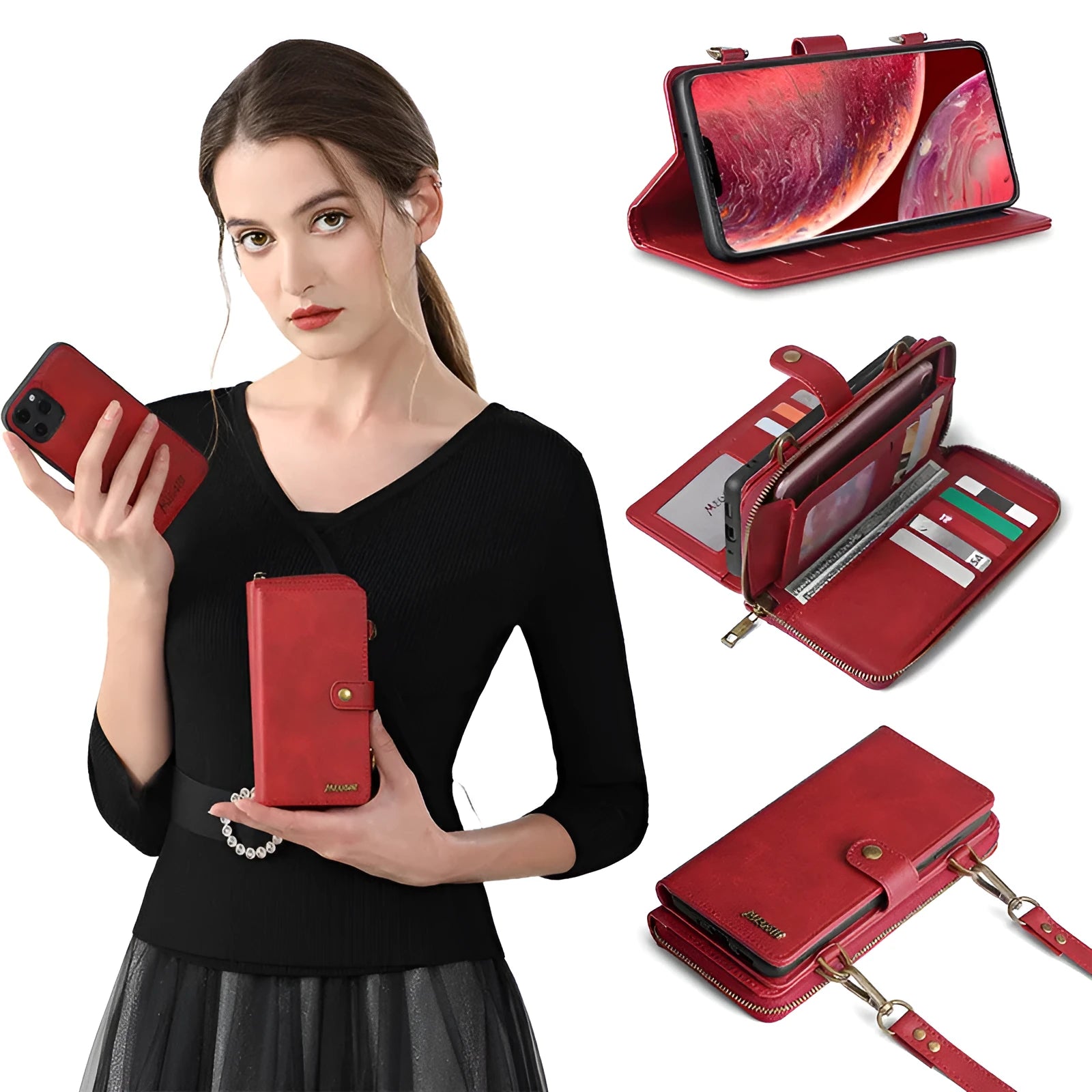 Wallet style phone case with detachable backpack and leather flip cover for Samsung Galaxy and iPhone devices