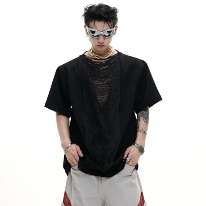 Men's drum black V-neck loose fit t-shirt with short sleeves and tassel detail