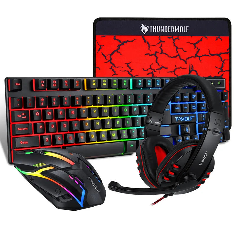 Thunder Wolf T800 wired gaming keyboard, mouse, headset, and mouse pad four-piece bundle set on a desk
