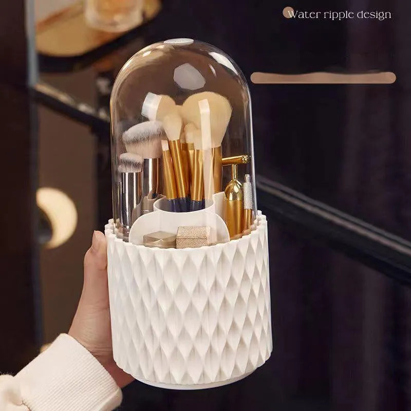 White rotating acrylic makeup brush storage box with transparent cover and split compartments