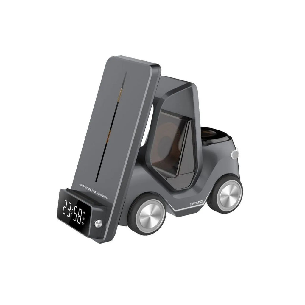 Grey foldable wireless charging bracket holding three smartphones at 45-degree angle