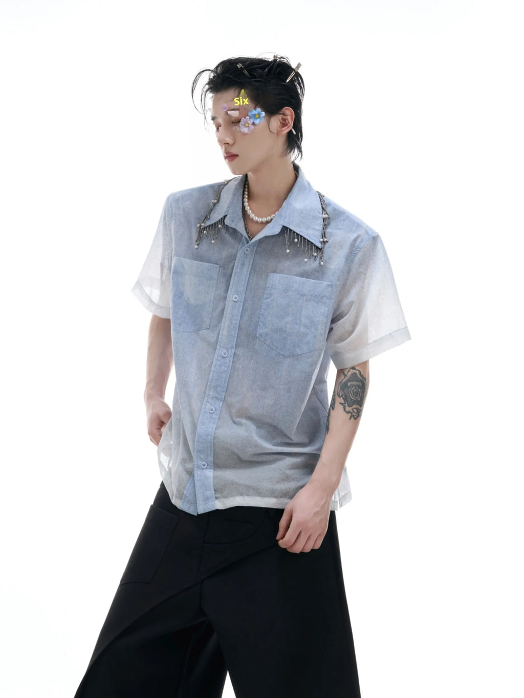 Men's blue and white gradient short-sleeve casual shirt on a hanger