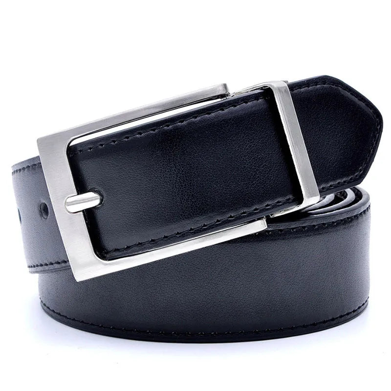 Men's dark brown and black leather casual belt with a silver rotating pin buckle, laid flat.
