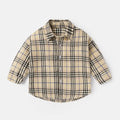 Boys' cotton long sleeve lattice shirt in khaki, featuring an animal cartoon pattern.