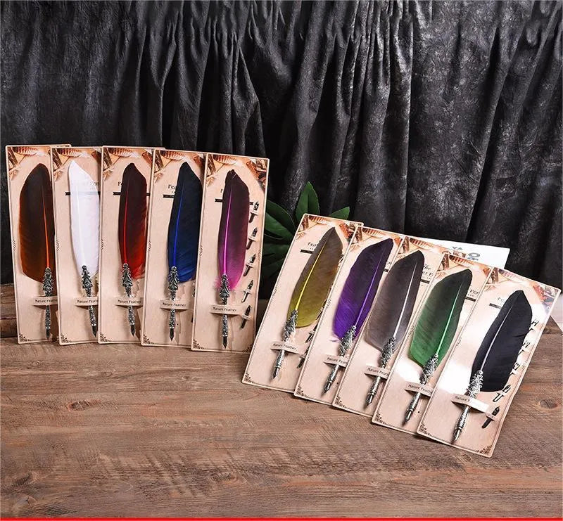 Vintage feather dip pen in 10 colours with zinc alloy construction and 30cm length