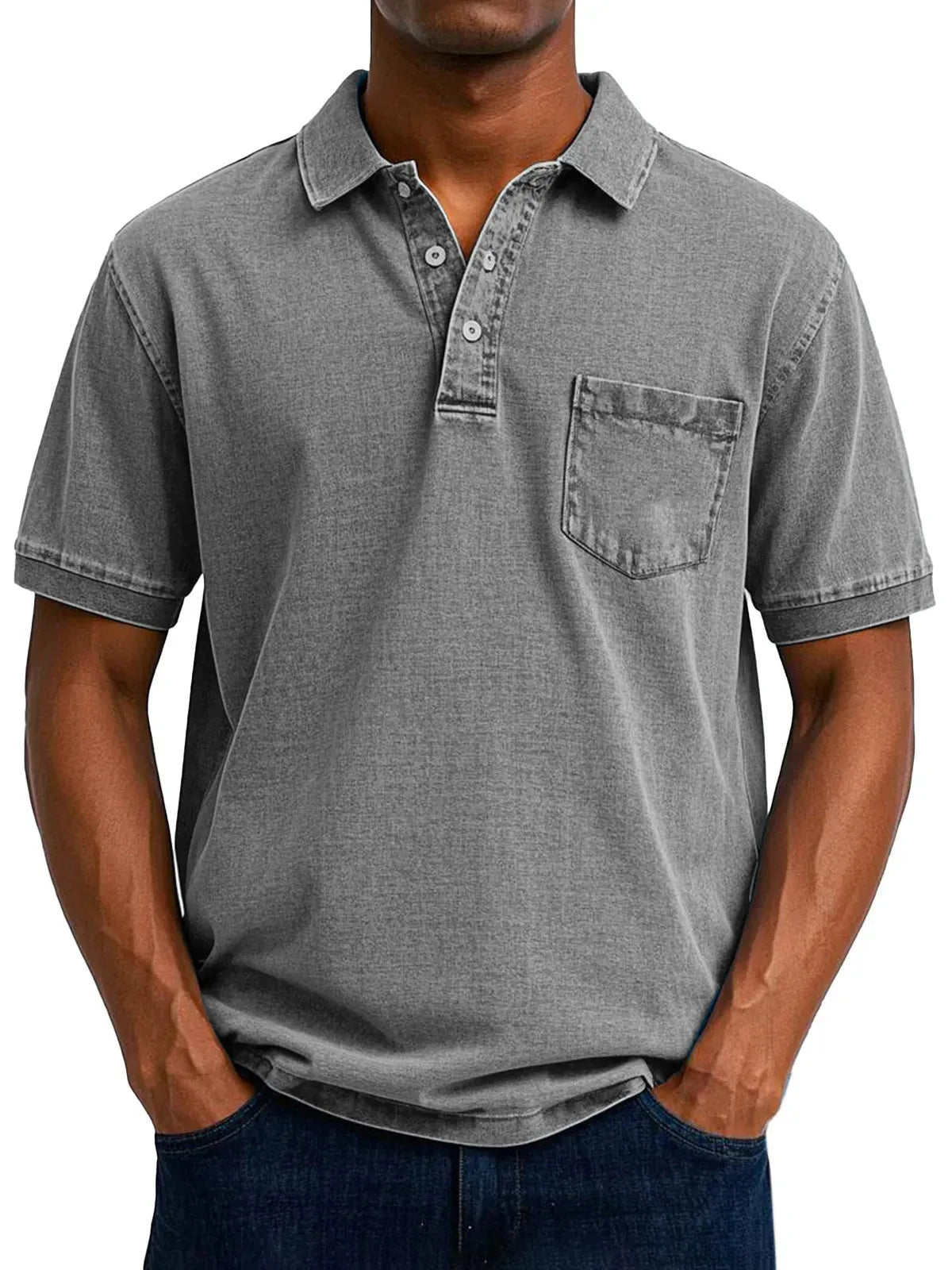 Man wearing a loose fit, short sleeve printed cardigan shirt in Korean style.