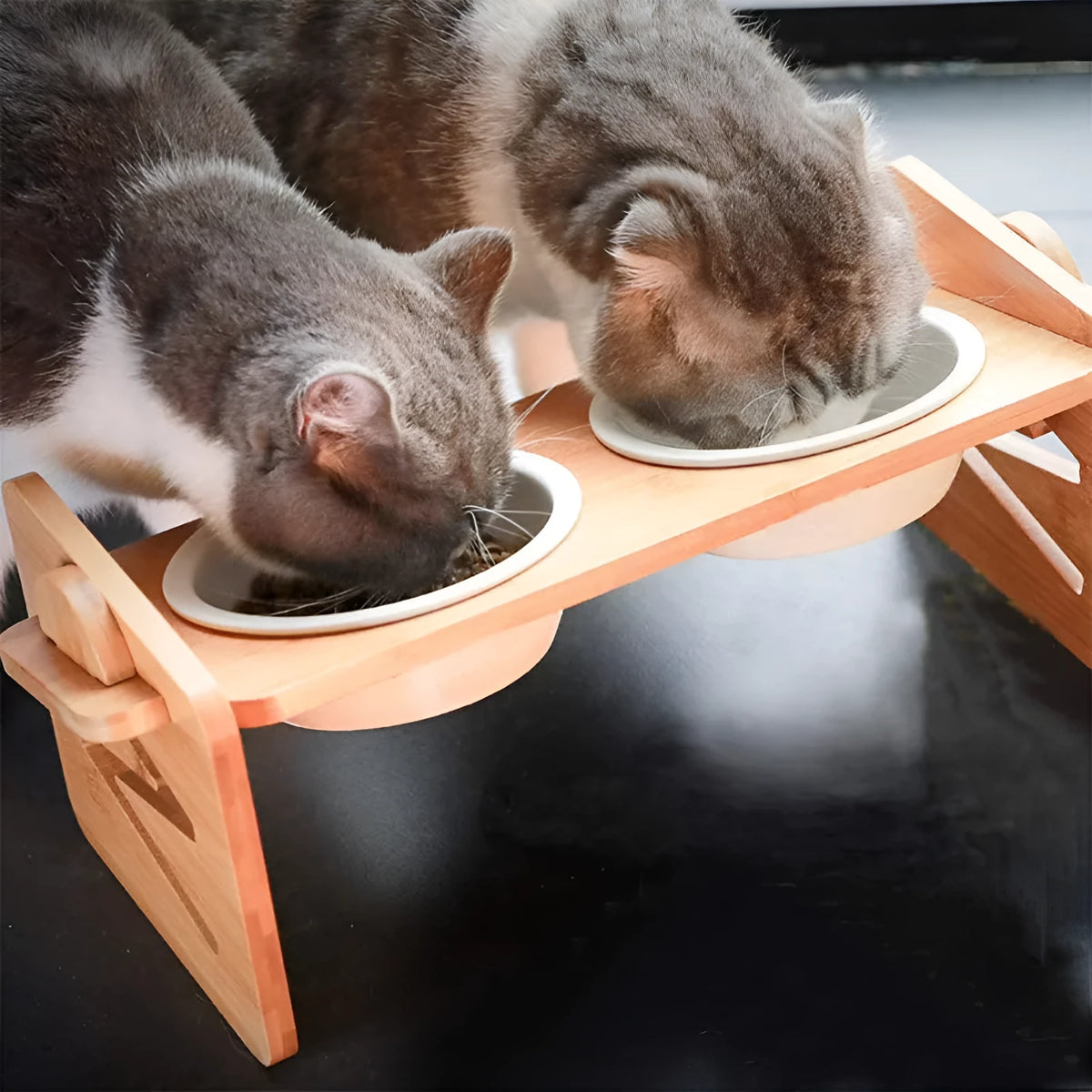 Bamboo cat and dog bowl rack, wood colour, 40 x 19.5 x 18 cm folding double bowl feeder stand with basin options