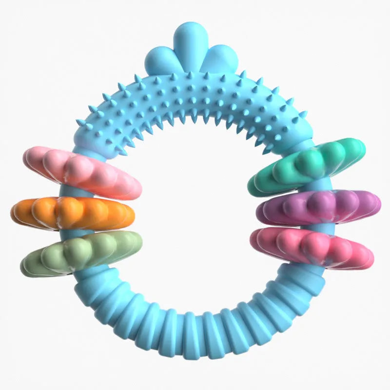 TPR dog chew toy with squeaker in blue, green, or pink colours for small dogs teeth cleaning