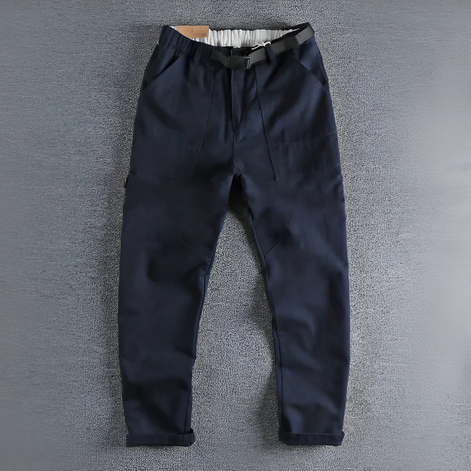 Men's khaki cotton trousers with belt buckle detail on mid waistband