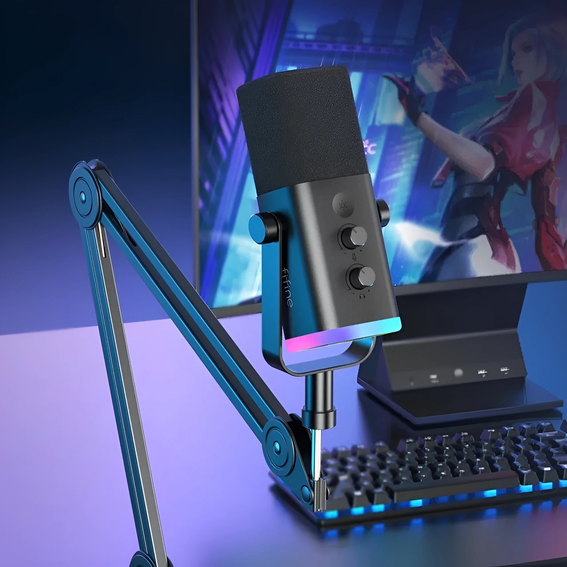 Black dynamic noise reduction microphone on a stand with XLR and data cables.