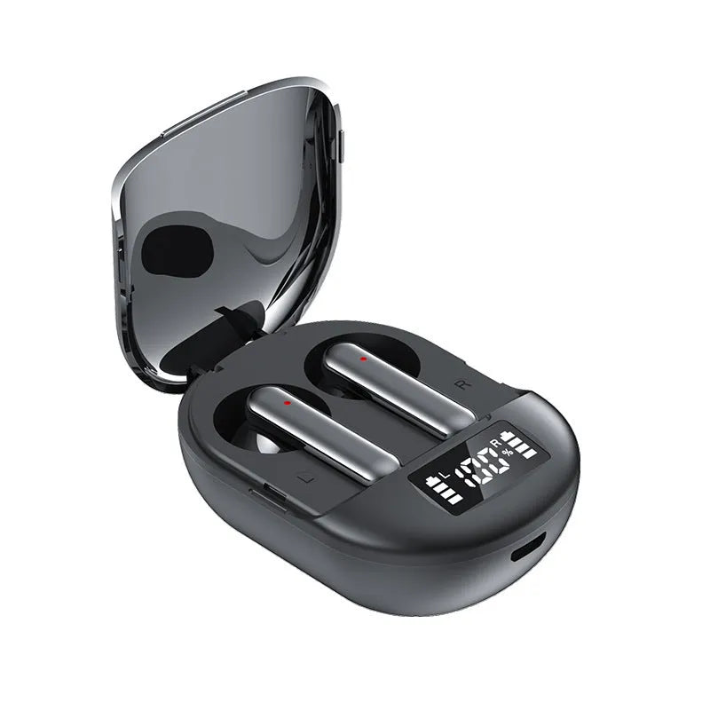 Black and white wireless Bluetooth in-ear headphones with a digital display and a matching charging case.