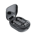Black and white wireless Bluetooth in-ear headphones with a digital display and a matching charging case.