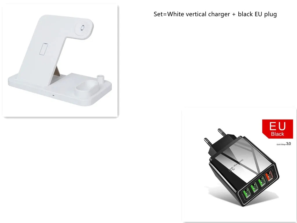 4-in-1 wireless charging station showing phone, Apple Watch, and AirPods charging on adjustable magnetic stand.