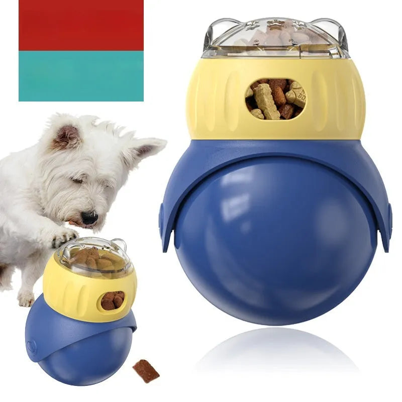 Owl-shaped plastic cat feeder toy in Morandi yellow and blue colours with tumbler mechanism