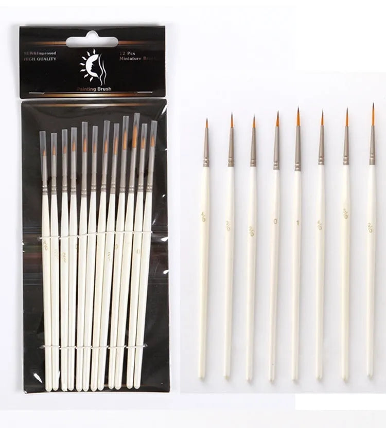 12 Pearl White artist brushes with nylon wool bristles and solid wood handles arranged by size.