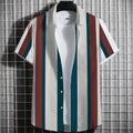 Men's striped short sleeve T-shirt with 3D printed pattern on linen fabric