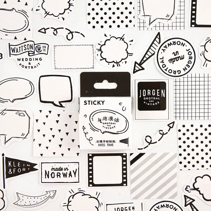 Box of 46 cartoon decorative stickers for children's journals in nine illustrated themes