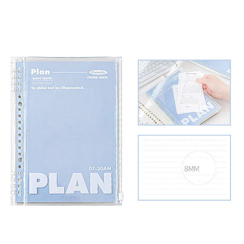 A5 PVC spiral notebook in blue or white with can store design for loose papers