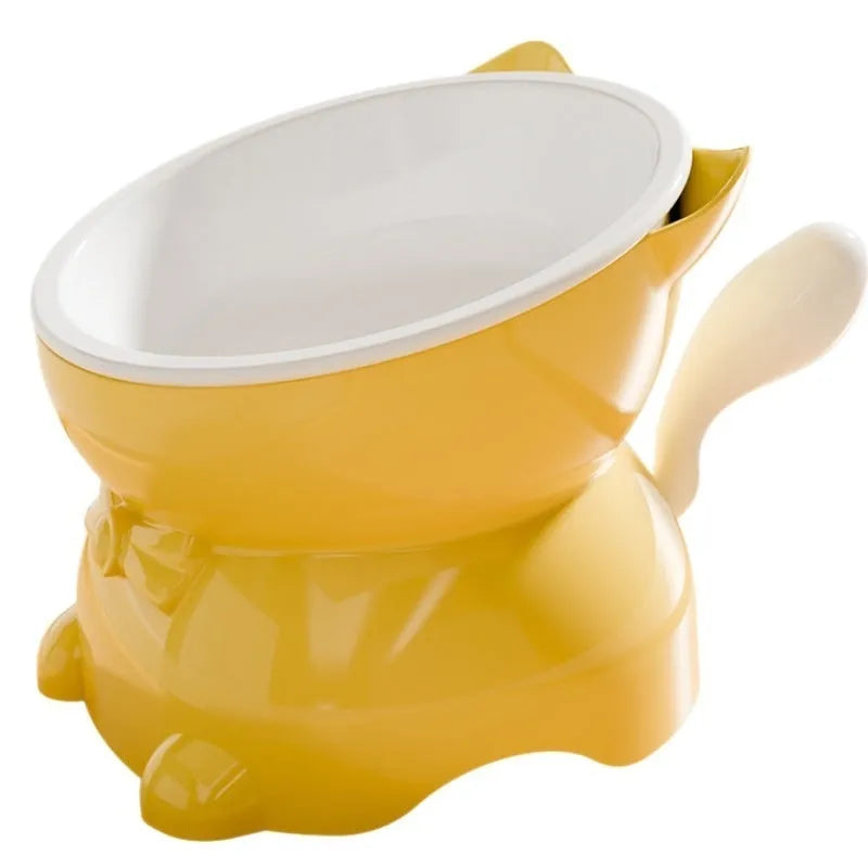 Oblique stainless steel anti-fall cat bowl shown in black, blue, pink, and yellow colours.