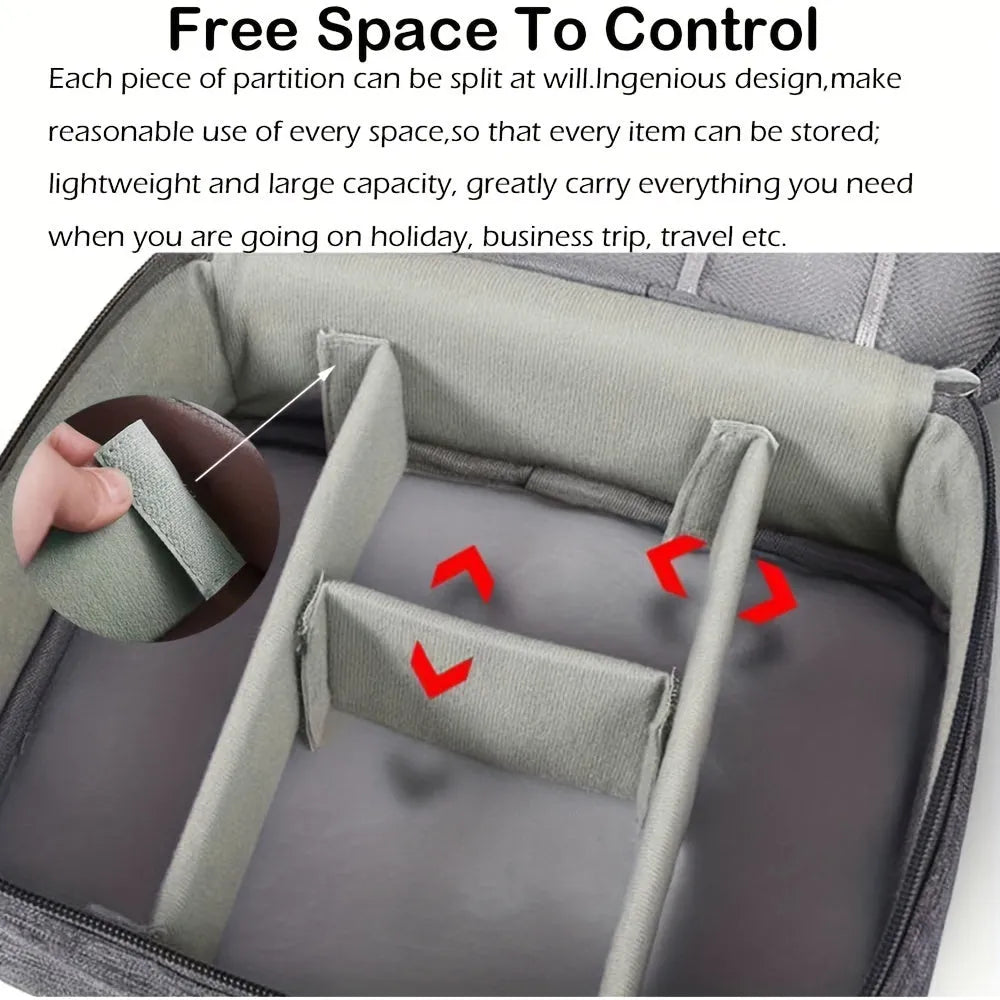 Black travel cable organiser bag open to show mesh pockets, elastic loops, and removable padded dividers inside.