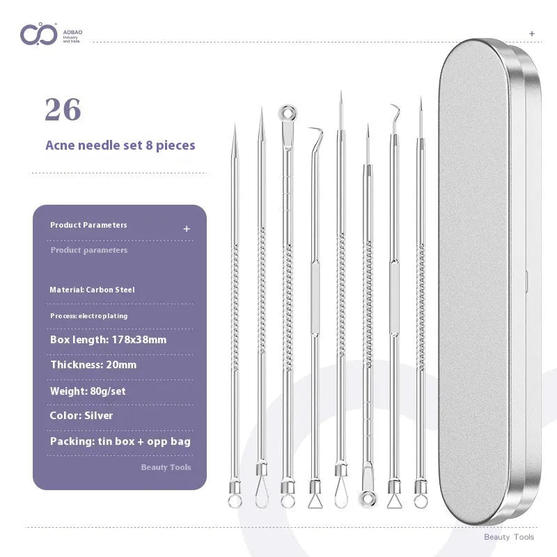 Four silver metal acne needles with fine pointed tips for blackhead removal.