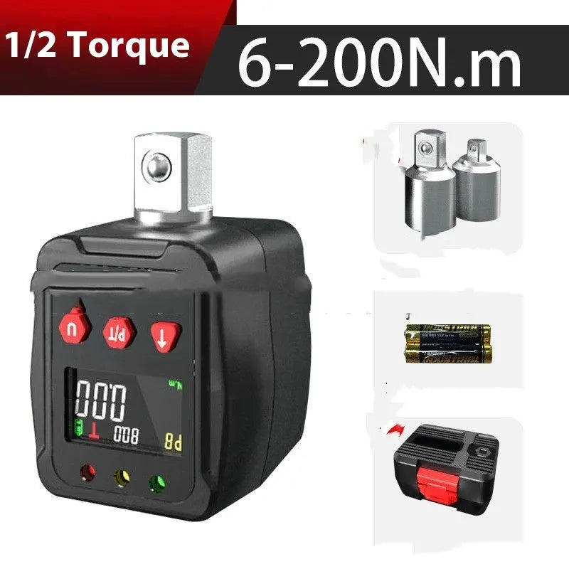 Digital torque meter with display screen and 1/2 inch square drive, part of a three-piece tool set.