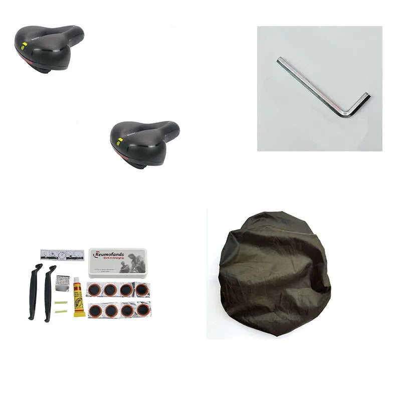 Bicycle saddle with black PU leather, showing spring suspension underside and included wrench and tyre patch.