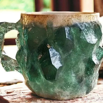 Resin mineral crystal coffee mug with handle in purple colour showing transparent construction