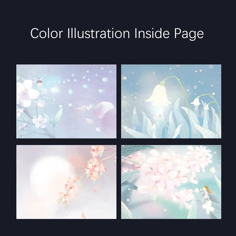 A5 notebook with luminous cover in blue, gold, light blue, or purple, open to show pages for colour illustration.