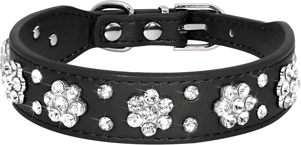 Adjustable black PU leather dog collar with rhinestone flower pattern and metal studs for small dogs.