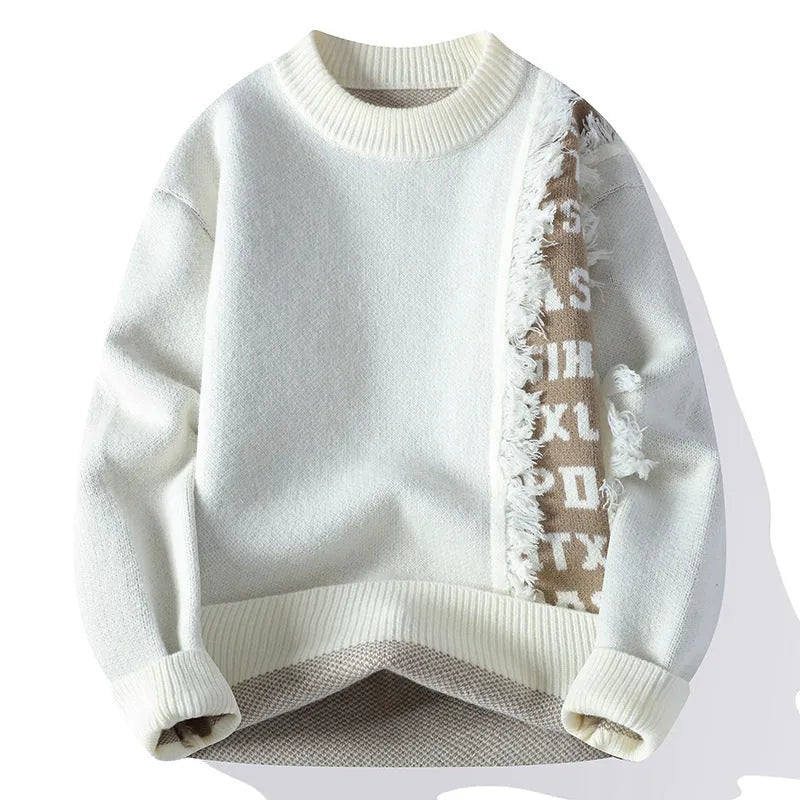 Men's loose fit knitted pullover with ribbed hemline in polyester and rabbit fur blend