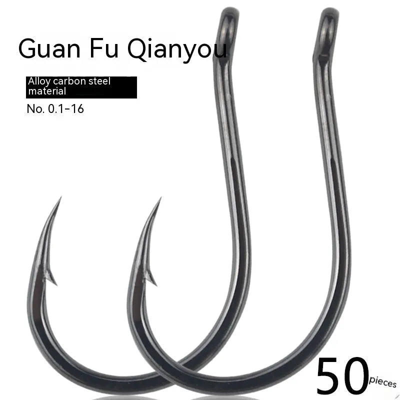 Barbed crooked mouth fishing hooks with hole rings for sea rock fishing, made from alloy carbon steel.